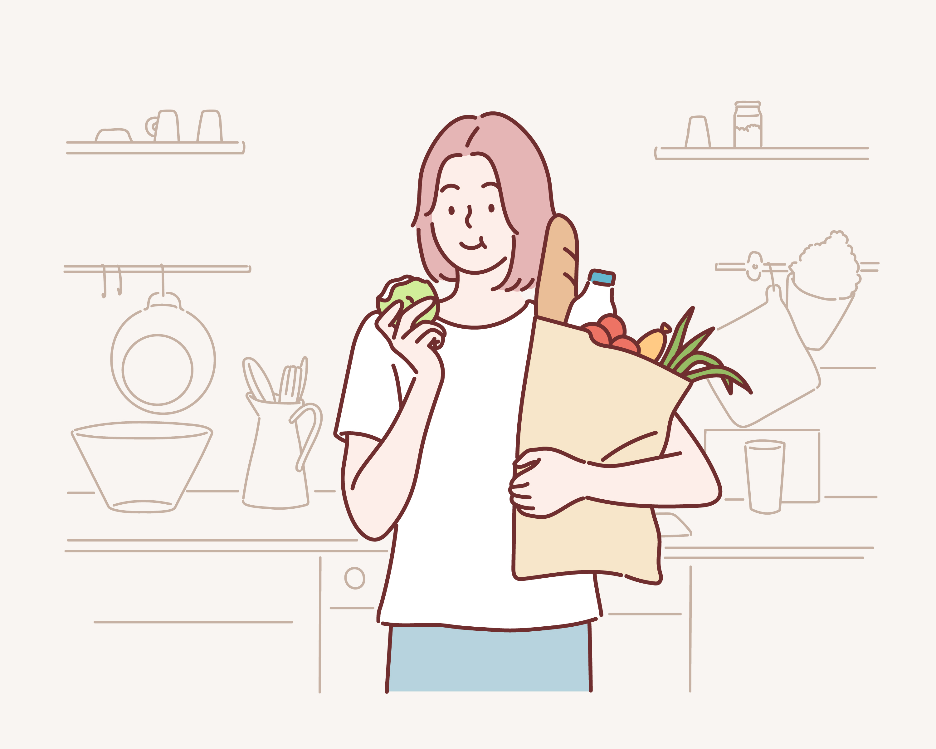 Desenho de mulher a segurar uma maçã e uma saco de alimentos